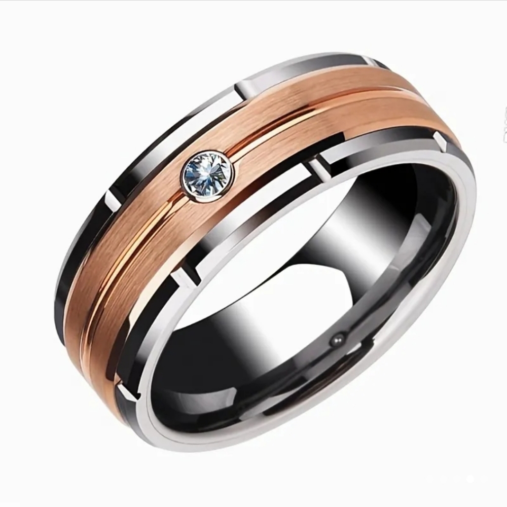 Men's Tungsten Wedding Band, Cubic Zirconia Diamond Solitaire Wedding Band Ring.